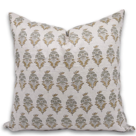 Fabdivine Block Print Throw Pillow Cover, 14x20 Inch Pure Linen Decorative Cushion Cover, Floral Print Boho Design Mustard Pillow Cover for Sofa and Couch