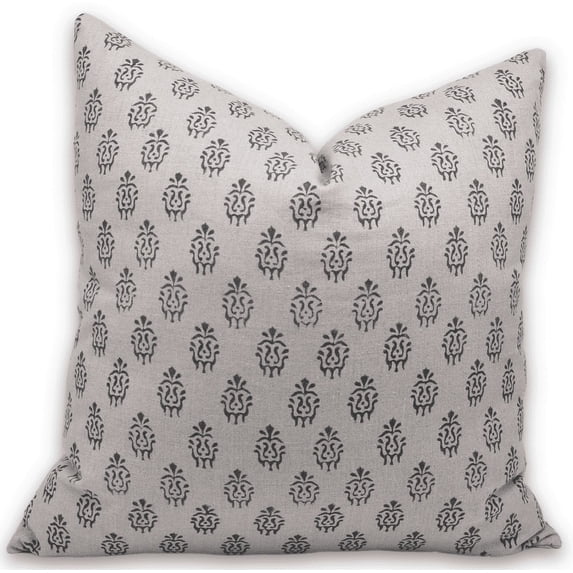 Fabdivine Block Print Throw Pillow Cover, 14x20 Inch Pure Linen Decorative Cushion Cover, Floral Print Boho Design Black Pillow Cover for Sofa and Couch