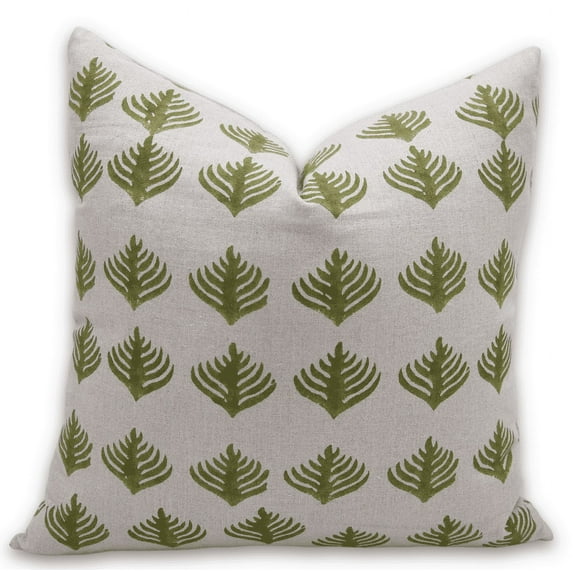 Fabdivine Block Print Throw Pillow Cover, 14x20 Inch Pure Linen Decorative Cushion Cover, Floral Print Boho Design Green Pillow Cover for Sofa and Couch