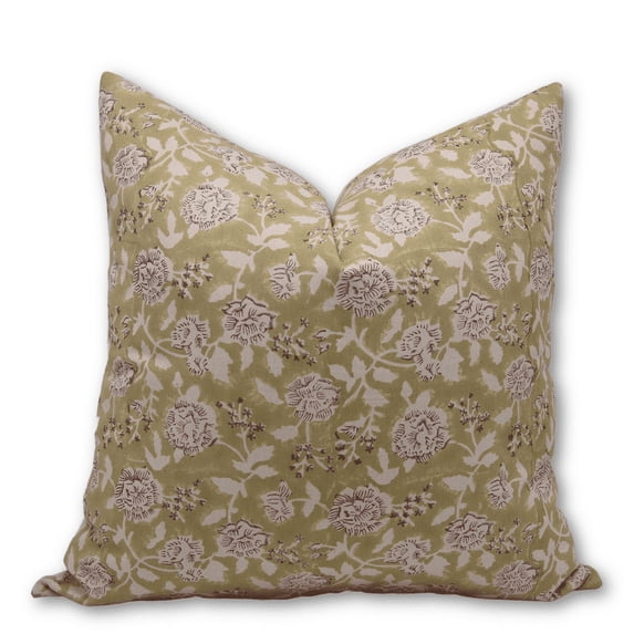 Fabdivine Block Print Throw Pillow Cover, 14x20 Inch Thick Cotton Decorative Cushion Cover, Floral Print Boho Design Green Pillow Cover for Sofa and Couch