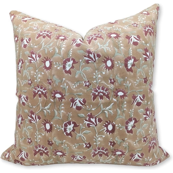 Fabdivine Block Print Throw Pillow Cover, 14x20 Inch Thick Cotton White Decorative Cushion Cover, Floral Print Boho Design Light Brown Pillow Cover for Sofa and Couch