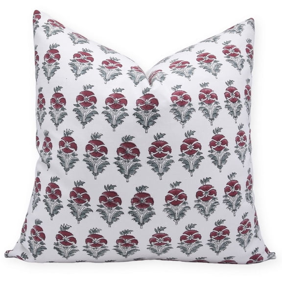 Fabdivine Handmade Block Print Throw Pillow Cover 14x20 Thick Cotton White Red Floral Cushion