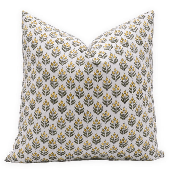 Fabdivine Block Print Throw Pillow Cover, 14x20 Inch Thick Cotton White Decorative Cushion Cover, Floral Print Boho Design Yellow Pillow Cover for Sofa and Couch