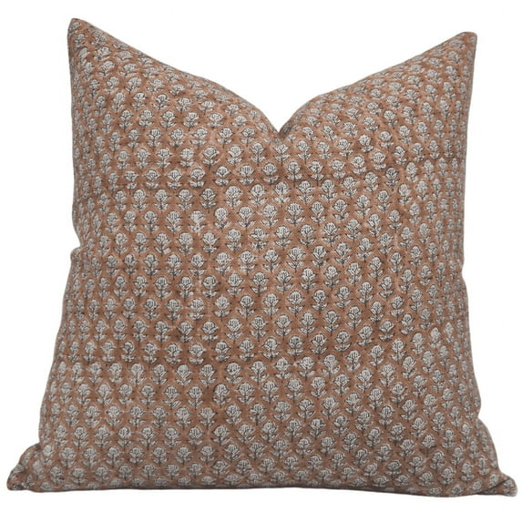 Fabdivine Block Print Throw Pillow Cover, 14x20 Inch Thick Linen Decorative Cushion Cover, Floral Print Boho Design Brown Pillow Cover for Sofa and Couch
