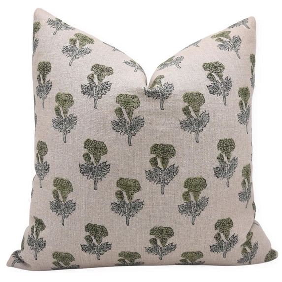 Fabdivine Block Print Throw Pillow Cover, 14x20 Inch Thick Linen Handmade Cushion Cover, Floral Print Boho Design Green Pillow Cover for Sofa and Couch