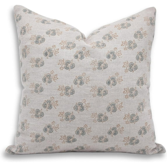 Fabdivine Block Print Throw Pillow Cover, 14x20 Inch Thick Linen Handmade Cushion Cover, Floral Print Boho Design Green Pillow Cover for Sofa and Couch