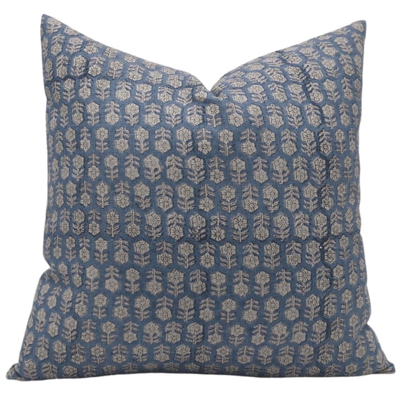 Fabdivine Block Print Throw Pillow Cover, 14x20 Inch Thick Linen Outdoor Cushion Cover, Floral Print Boho Design Dark Blue Pillow Cover for Sofa and Couch