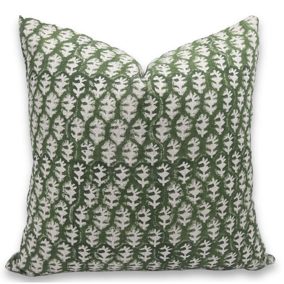 Fabdivine Block Print Throw Pillow Cover, 14x20 Inch Thick Linen Vintage Cushion Cover, Floral Print Boho Design Green Pillow Cover for Sofa and Couch