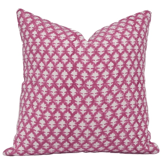 Fabdivine Block Print Throw Pillow Cover, 14x20 Inch Off White Linen Decorative Cushion Cover, Floral Print Boho Design Pink Pillow Cover for Sofa and Couch