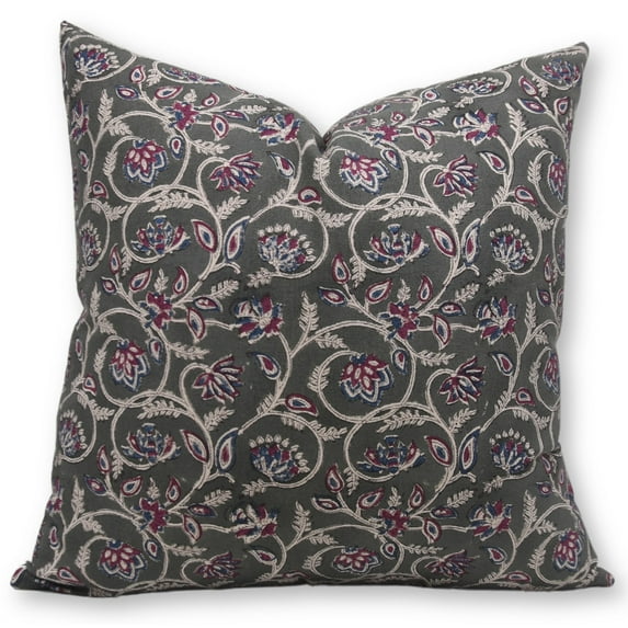 Fabdivine Block Print Throw Pillow Cover, 14x36 Inch Duck Canvas Handmade Cushion Cover, Floral Print Boho Design Green Pillow Cover for Sofa and Couch