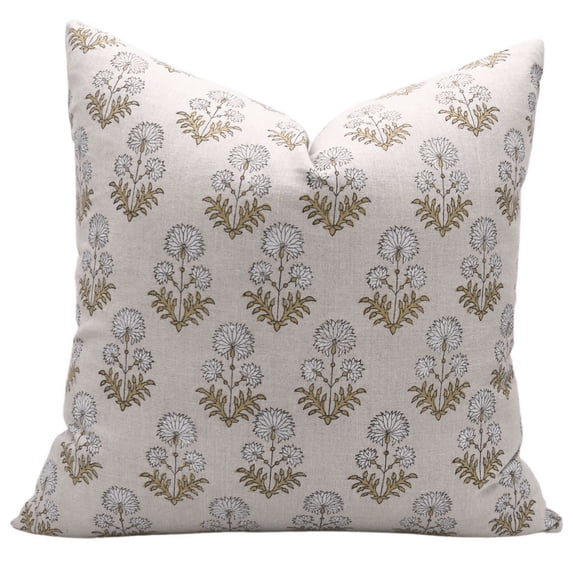 Fabdivine Block Print Throw Pillow Cover, 14x36 Inch Pure Linen Decorative Cushion Cover, Floral Print Boho Design Green Pillow Cover for Sofa and Couch