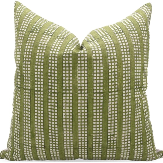 Fabdivine Block Print Throw Pillow Cover, 14x36 Inch Pure Linen Handmade Cushion Cover, Floral Print Boho Design Green Pillow Cover for Sofa and Couch