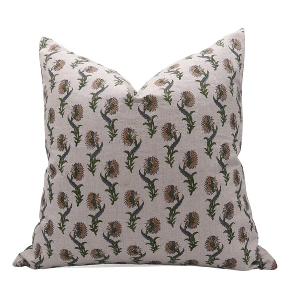 Fabdivine Block Print Throw Pillow Cover, 14x36 Inch Pure Linen Handmade Cushion Cover, Floral Print Boho Design Green Pillow Cover for Sofa and Couch