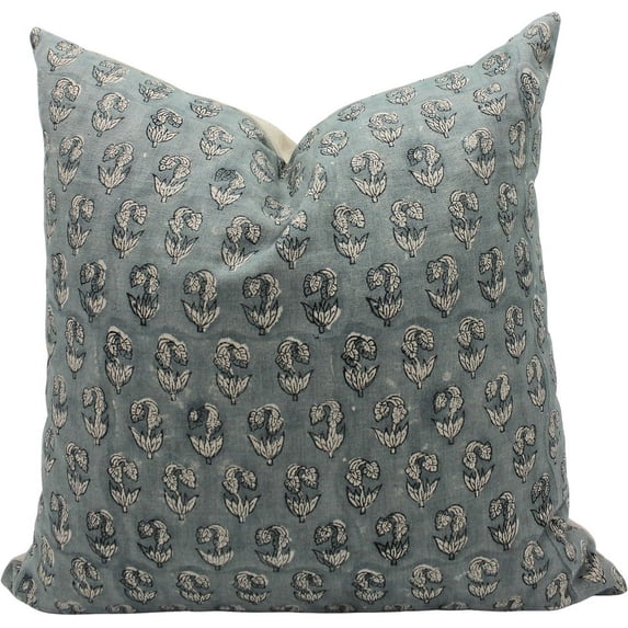 Fabdivine Block Print Throw Pillow Cover, 14x36 Inch Pure Linen Vintage Cushion Cover, Floral Print Boho Design Sage Green Pillow Cover for Sofa and Couch