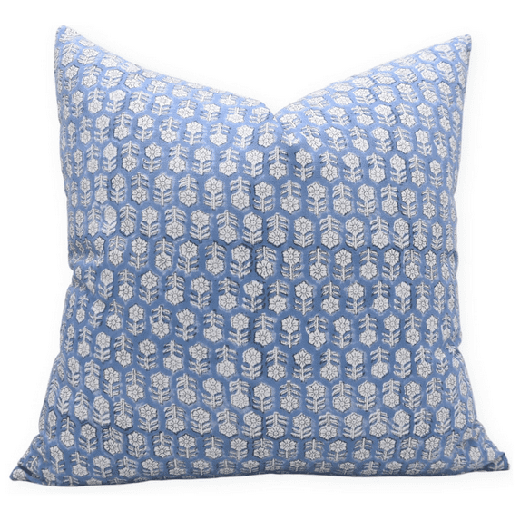 Fabdivine Block Print Throw Pillow Cover, 14x36 Inch Thick Cotton White Decorative Cushion Cover, Floral Print Boho Design Blue Pillow Cover for Sofa and Couch