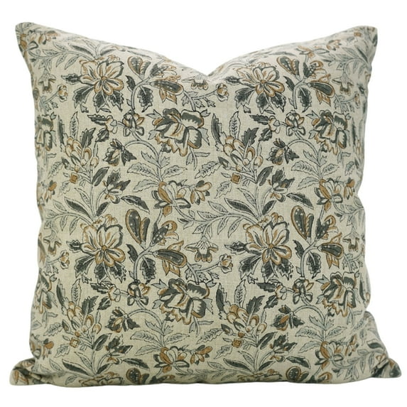 Fabdivine Block Print Throw Pillow Cover, 14x36 Inch Thick Linen Decorative Cushion Cover, Floral Boho Design Green Pillow Cover for Sofa And Couch