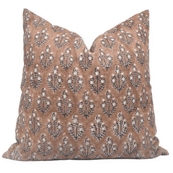 Fabdivine Block Print Throw Pillow Cover, 14x36 Inch Thick Linen Decorative Cushion Cover, Floral Print Boho Design Brown Pillow Cover for Sofa and Couch
