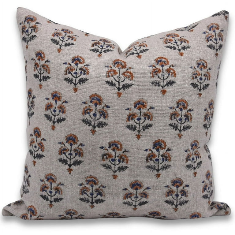 Fabdivine Block Print Throw Pillow Cover 14x36 Inch Thick Linen Vintage Cushion Cover Floral Print Boho Design Blue Pillow Cover for Sofa and Couch