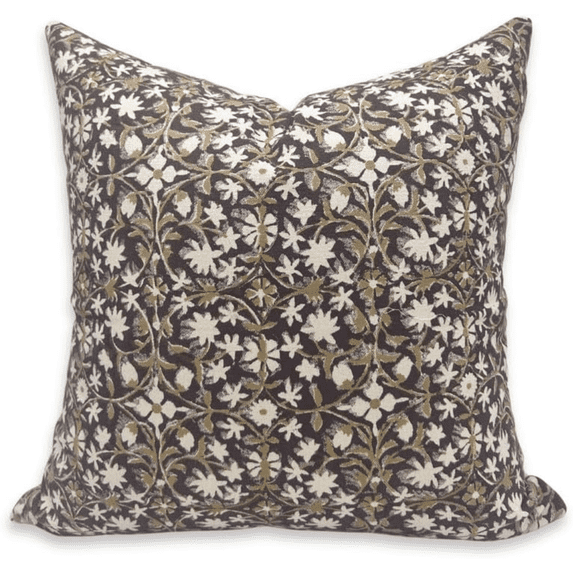 Fabdivine Block Print Throw Pillow Cover, 16x16 Inch Duck Canvas Decorative Cushion Cover, Floral Print Boho Design Brown Pillow Cover for Sofa and Couch