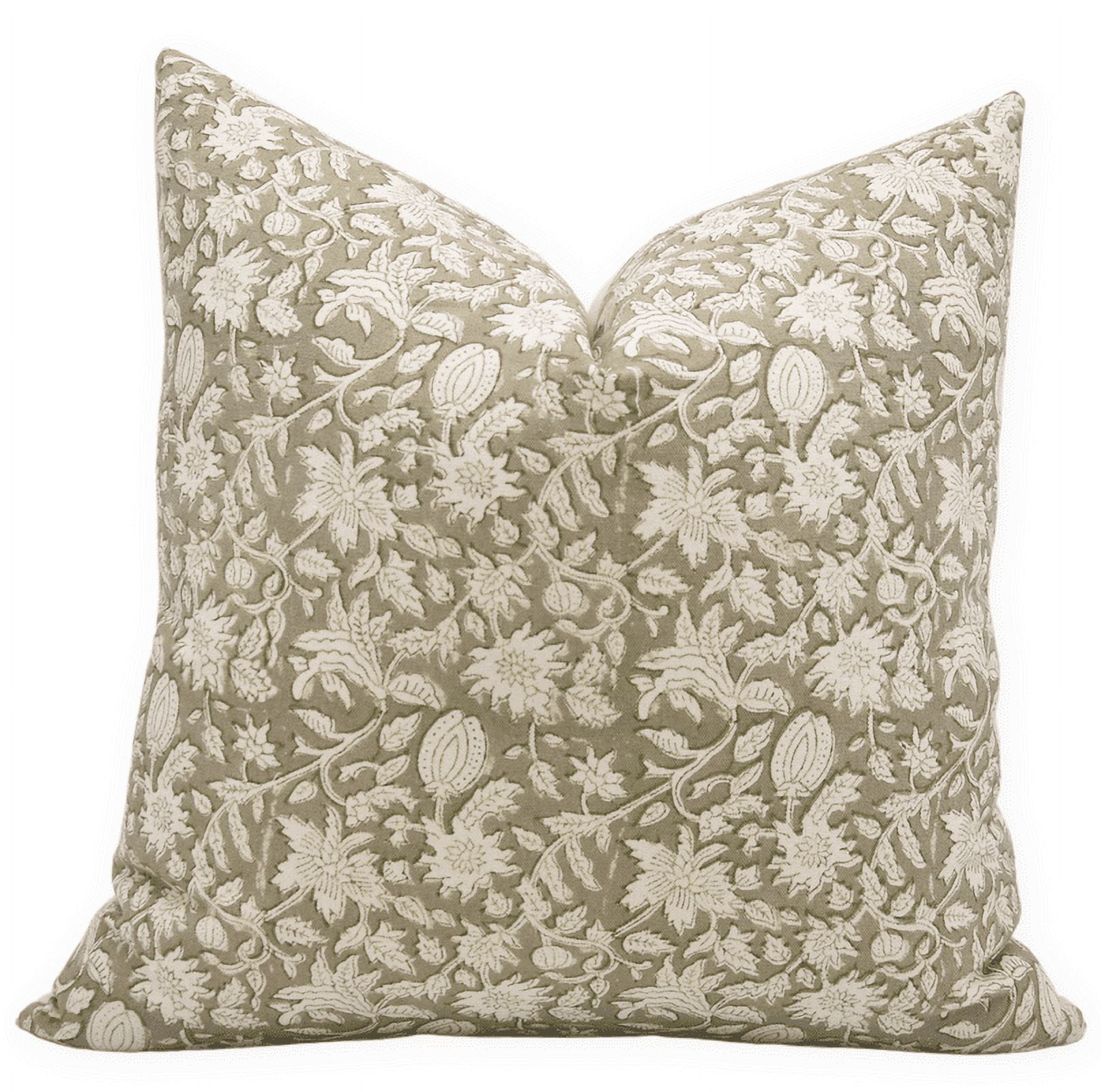 Fabdivine Block Print Throw Pillow Cover, 16x16 Inch Duck Canvas Decorative Cushion Cover, Floral Print Boho Design Green Pillow Cover for Sofa and Couch
