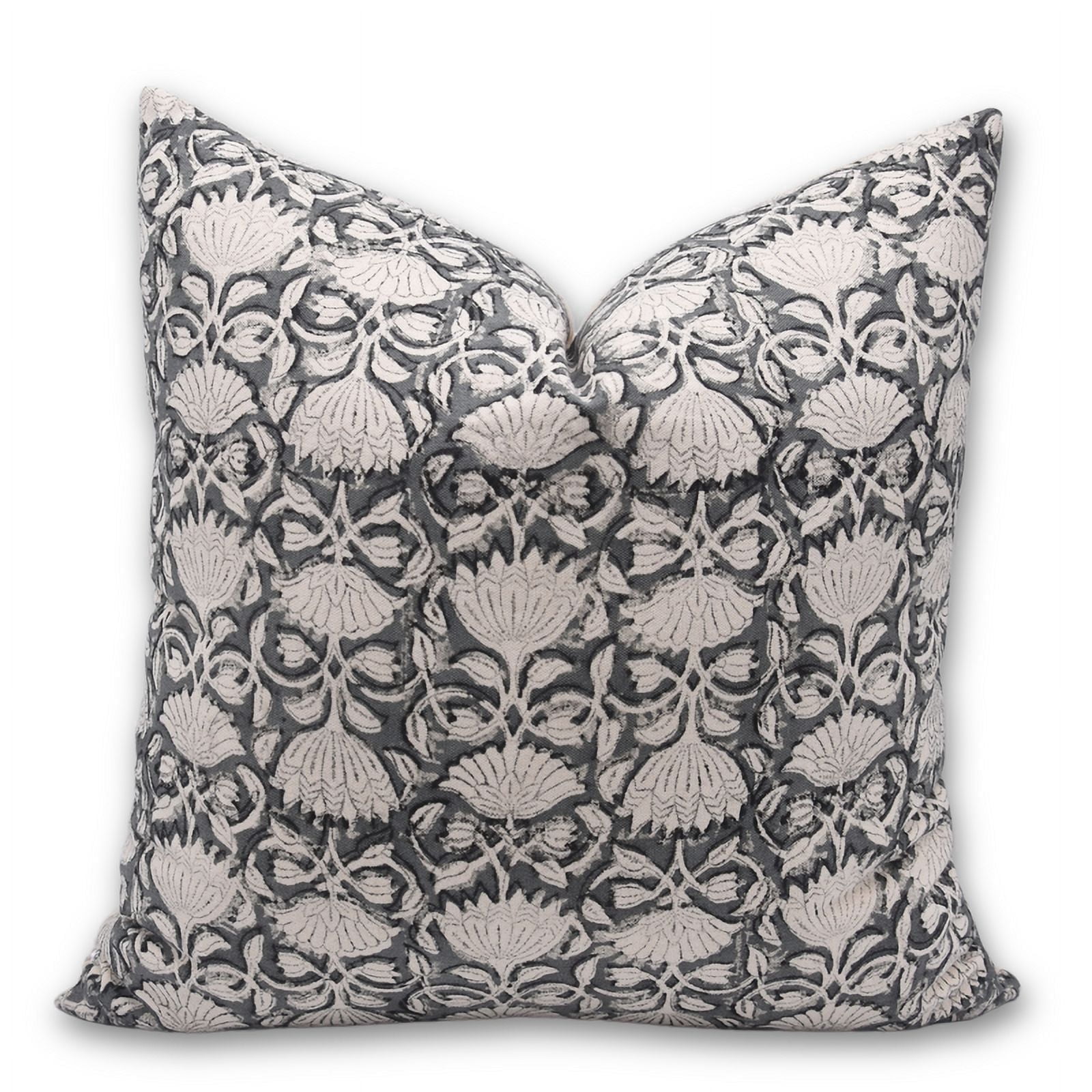 Fabdivine Handmade Duck Canvas Block Print Pillow Cover 16x16 Gray Floral Cushion for Home Decor