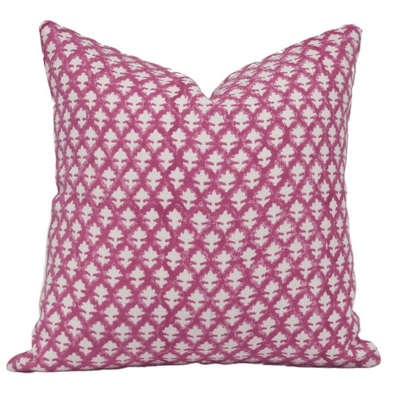 Fabdivine Block Print Throw Pillow Cover, 16x16 Inch Off White Linen Decorative Cushion Cover, Floral Print Boho Design Pink Pillow Cover for Sofa and Couch