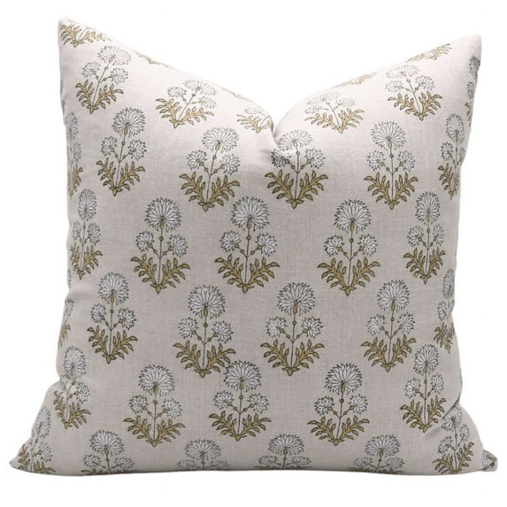 Fabdivine Block Print Throw Pillow Cover, 16x16 Inch Pure Linen Decorative Cushion Cover, Floral Print Boho Design Green Pillow Cover for Sofa and Couch