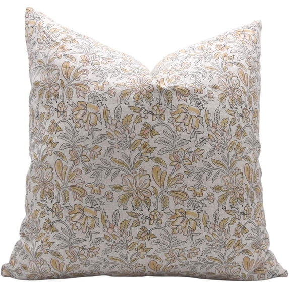 Fabdivine Block Print Throw Pillow Cover, 16x16 Inch Pure Linen Decorative Cushion Cover, Floral Print Boho Design Light Green Pillow Cover for Sofa and Couch