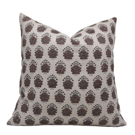 Fabdivine Block Print Throw Pillow Cover, 16x16 Inch Pure Linen Handmade Cushion Cover, Floral Print Boho Design Brown Pillow Cover for Sofa and Couch
