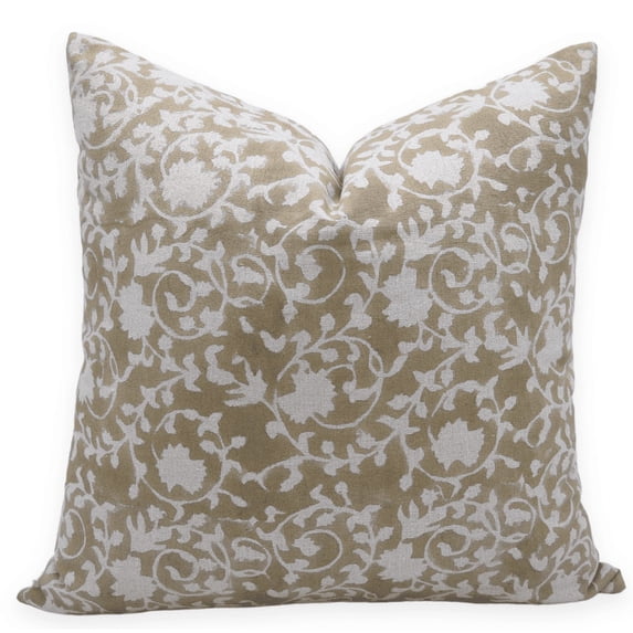 Fabdivine Block Print Throw Pillow Cover, 16x16 Inch Pure Linen Handmade Cushion Cover, Floral Print Boho Design Gray Pillow Cover for Sofa and Couch