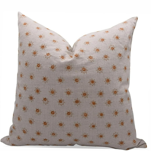 Fabdivine Block Print Throw Pillow Cover, 16x16 Inch Pure Linen Handmade Cushion Cover, Floral Print Boho Design Brown Pillow Cover for Sofa and Couch
