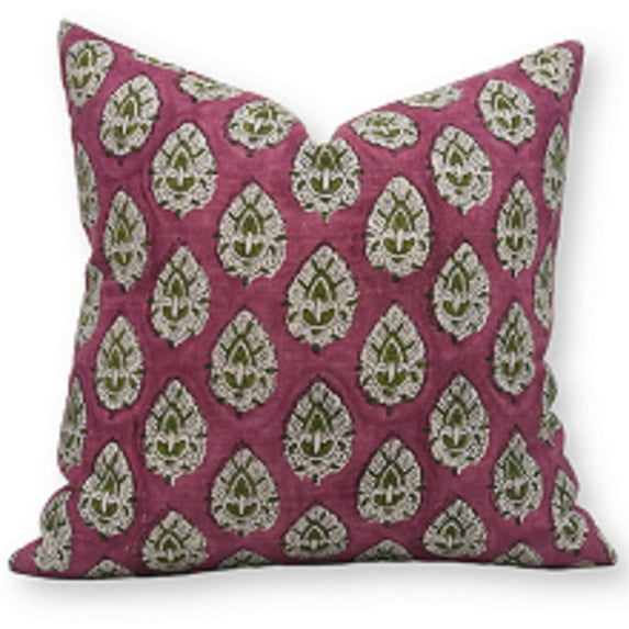Fabdivine Block Print Throw Pillow Cover, 16x16 Inch Pure Linen Handmade Cushion Cover, Floral Print Boho Design Purple Pillow Cover for Sofa and Couch