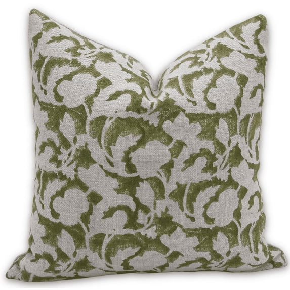 Fabdivine 16x16 Green Floral Block Print Pillow Cover – Handmade Thick Linen Boho Cushion for Sofa & Couch