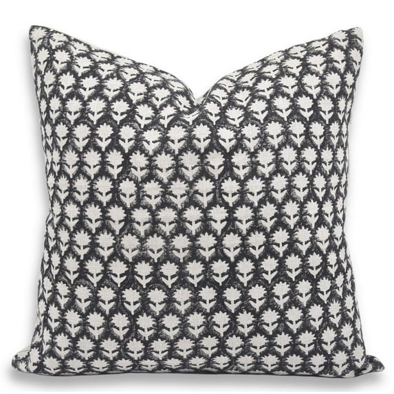 Fabdivine Block Print Throw Pillow Cover, 16x16 Inch Thick Linen Decorative Cushion Cover, Floral Print Boho Design Black Pillow Cover for Sofa and Couch