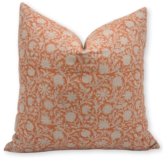 Fabdivine Block Print Throw Pillow Cover, 16x16 Inch Thick Linen Handmade Cushion Cover, Floral Print Boho Design Orange Pillow Cover for Sofa and Couch