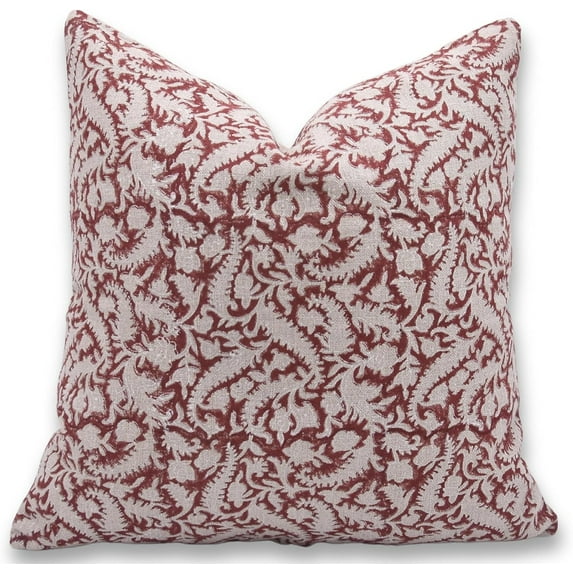 Fabdivine Block Print Throw Pillow Cover, 16x16 Inch Thick Linen Handmade Cushion Cover, Floral Print Boho Design Red Pillow Cover for Sofa and Couch