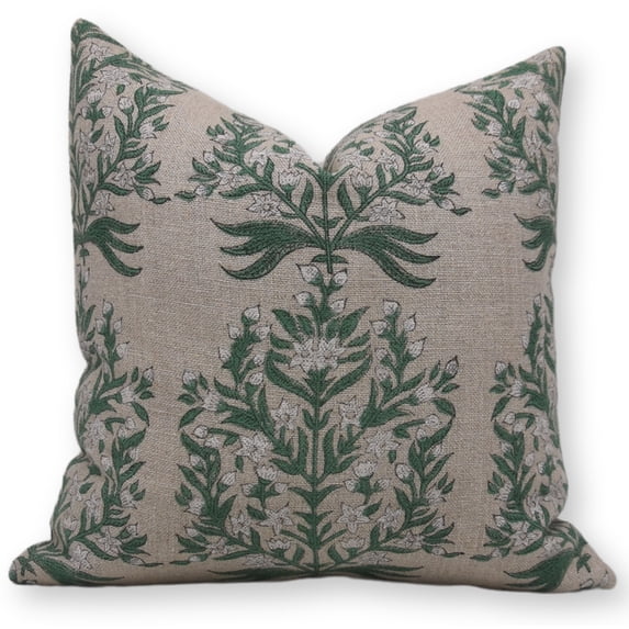 Fabdivine Block Print Throw Pillow Cover, 16x16 Inch Thick Linen Handmade Cushion Cover, Floral Print Boho Design Turquoise Pillow Cover for Sofa and Couch