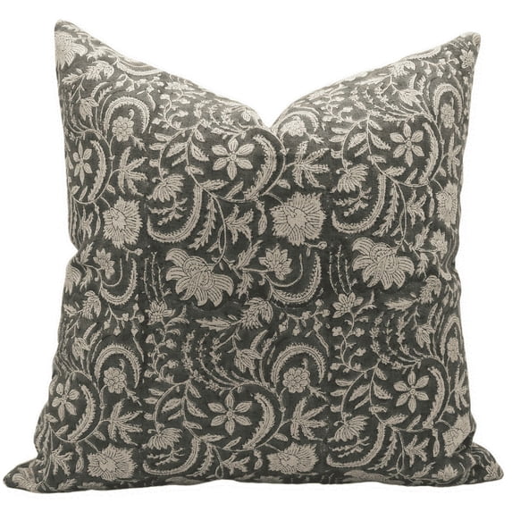 Fabdivine Block Print Throw Pillow Cover, 16x16 Inch Thick Linen Outdoor Cushion Cover, Floral Print Boho Design Green Pillow Cover for Sofa and Couch