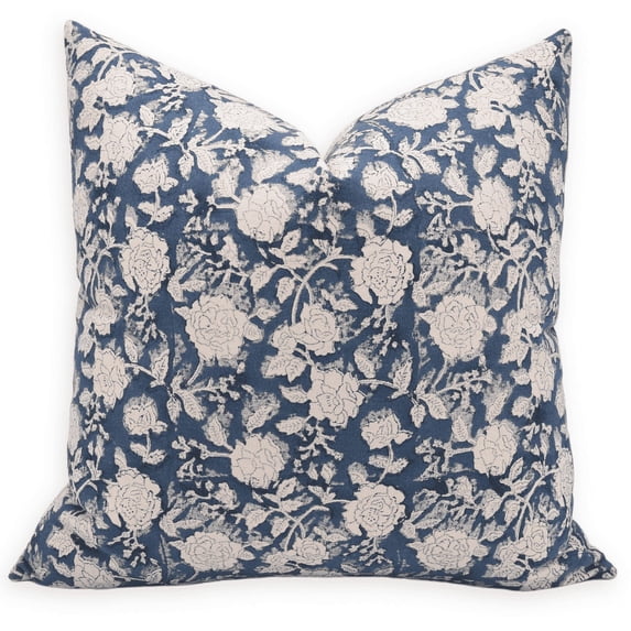 Fabdivine Block Print Throw Pillow Cover, 18x18 Inch Duck Canavs Decorative Cushion Cover, Floral Print Boho Design Blue Pillow Cover for Sofa and Couch