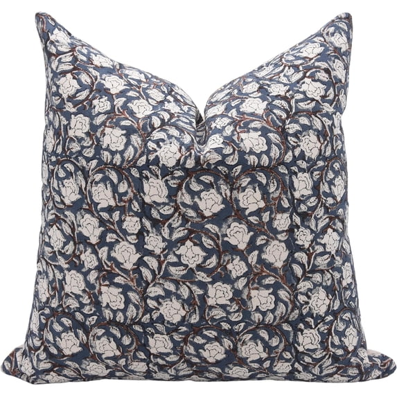 Fabdivine Block Print Throw Pillow Cover, 18x18 Inch Duck Canvas Decorative Cushion Cover, Floral Boho Design Blue Pillow Cover for Sofa And Couch