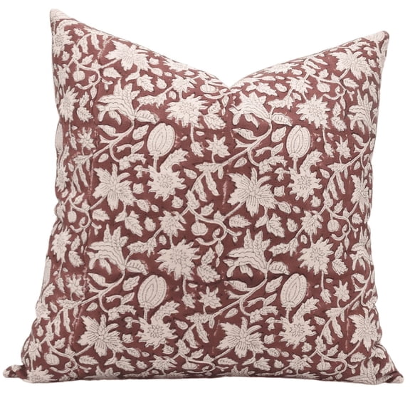 Fabdivine Handmade Floral Block Print Duck Canvas Decorative Cushion Cover 18x18 Inch Brown Boho