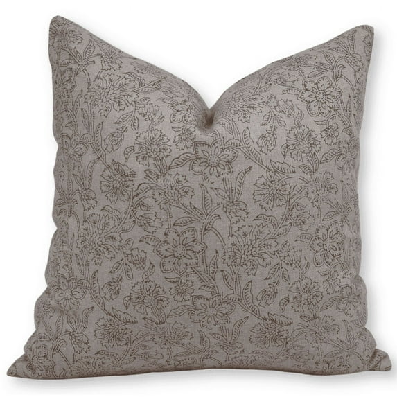 Fabdivine Block Print Throw Pillow Cover, 18x18 Inch Pure Linen Decorative Cushion Cover, Floral Boho Design Brown Pillow Cover for Sofa And Couch