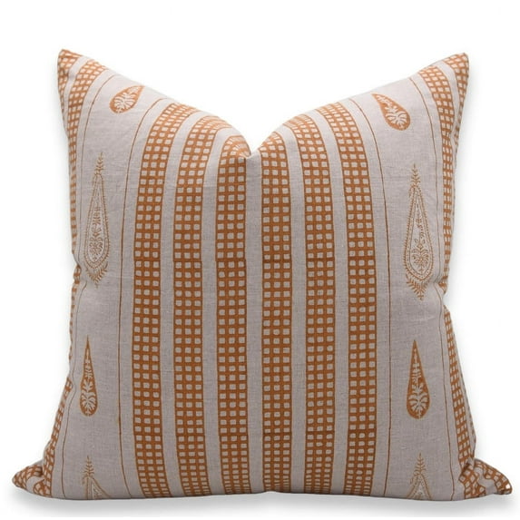 Fabdivine Block Print Throw Pillow Cover, 18x18 Inch Pure Linen Decorative Cushion Cover, Floral Boho Design Orange Pillow Cover for Sofa And Couch