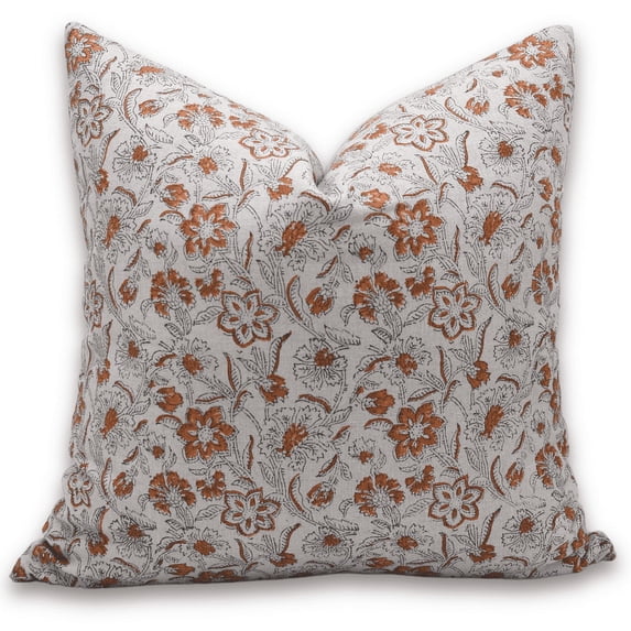 Fabdivine Block Print Throw Pillow Cover, 18x18 Inch Pure Linen Decorative Cushion Cover, Floral Print Boho Design Orange Pillow Cover for Sofa and Couch