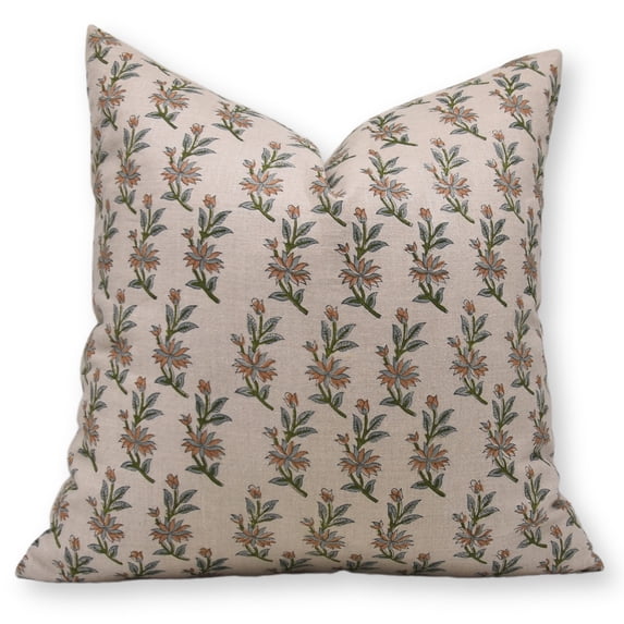 Fabdivine Block Print Throw Pillow Cover, 18x18 Inch Pure Linen Handmade Cushion Cover, Floral Print Boho Design Green Pillow Cover for Sofa and Couch