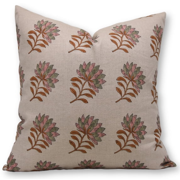 Fabdivine Block Print Throw Pillow Cover, 18x18 Inch Pure Linen Handmade Cushion Cover, Floral Print Boho Design Orange Pillow Cover for Sofa and Couch