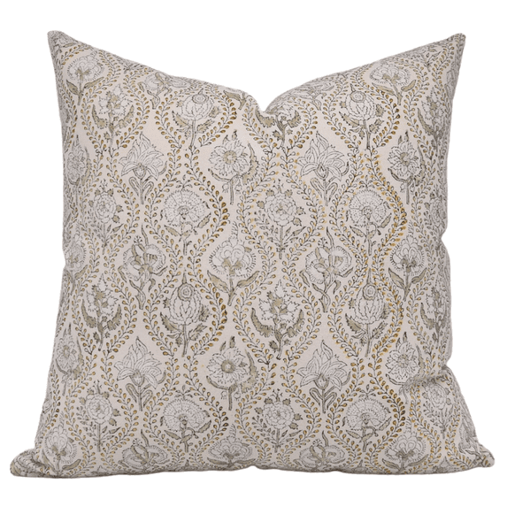 Fabdivine Block Print Throw Pillow Cover, 18x18 Inch Thick Cotton Decorative Cushion Cover, Floral Print Boho Design Green Pillow Cover for Sofa and Couch