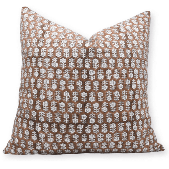 Fabdivine Block Print Throw Pillow Cover, 18x18 Inch Thick Cotton White Decorative Cushion Cover, Floral Print Boho Design Rust Pillow Cover for Sofa and Couch