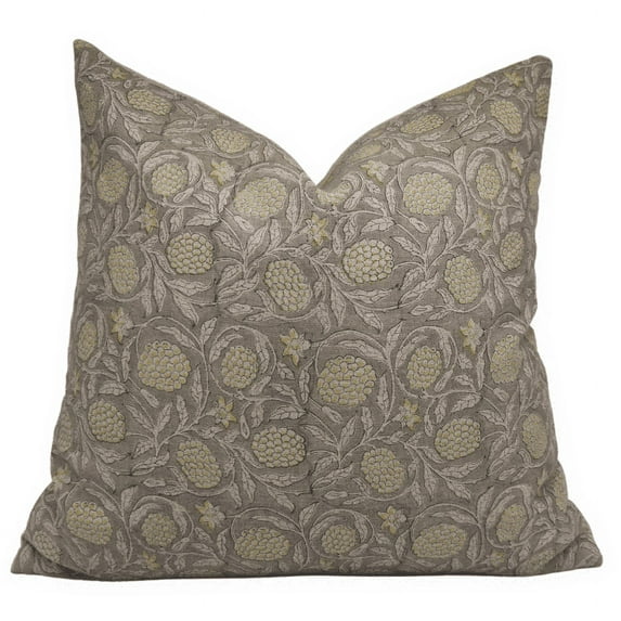 Fabdivine Block Print Throw Pillow Cover, 18x18 Inch Thick Linen Decorative Cushion Cover, Floral Print Boho Design Gray Pillow Cover for Sofa and Couch