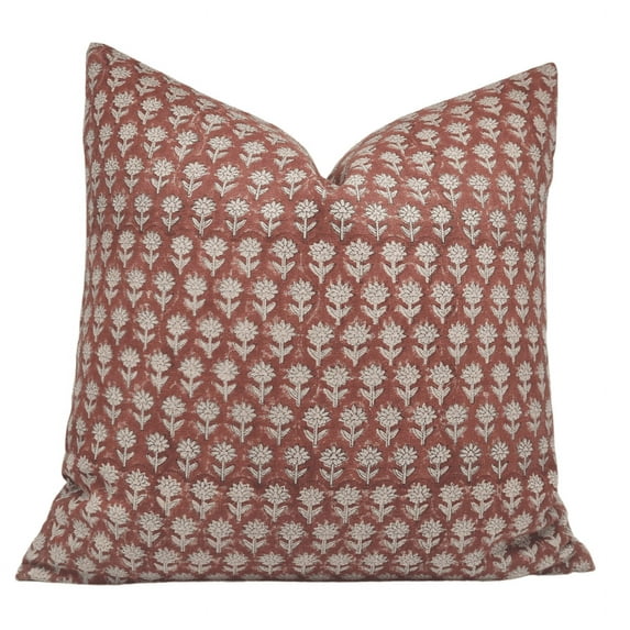 Fabdivine Block Print Throw Pillow Cover, 18x18 Inch Thick Linen Decorative Cushion Cover, Floral Print Boho Design Maroon Pillow Cover for Sofa and Couch